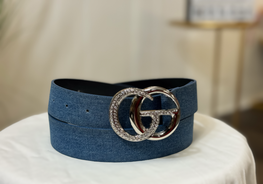 Rhinestone GO Buckle Denim Printed Belt 1.5" (Medium Wash)