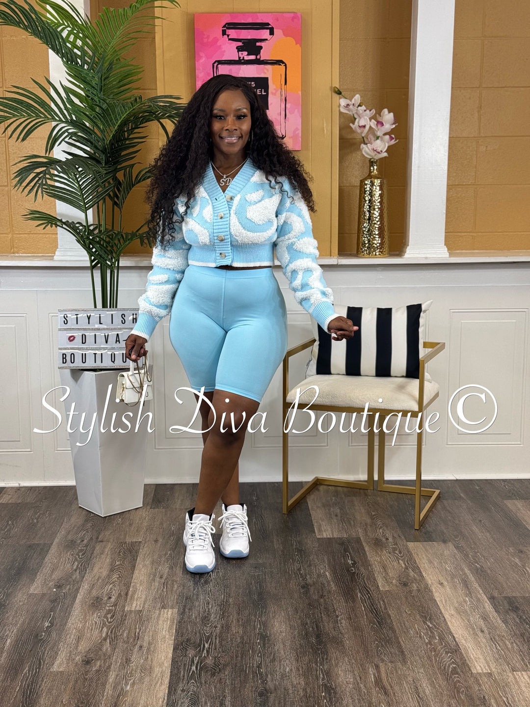 Isabelle Duo Color Cropped Knitted Cardigan (Light Blue/White)