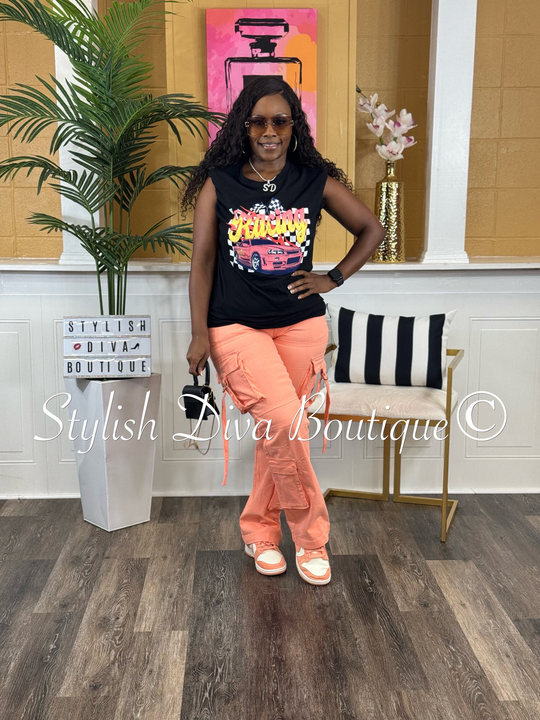 Racing T-Shirt (Black Shirt/Black, Peach & White Print)