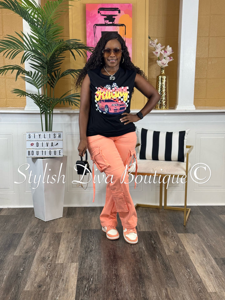 Racing T-Shirt (Black Shirt/Black, Peach & White Print)