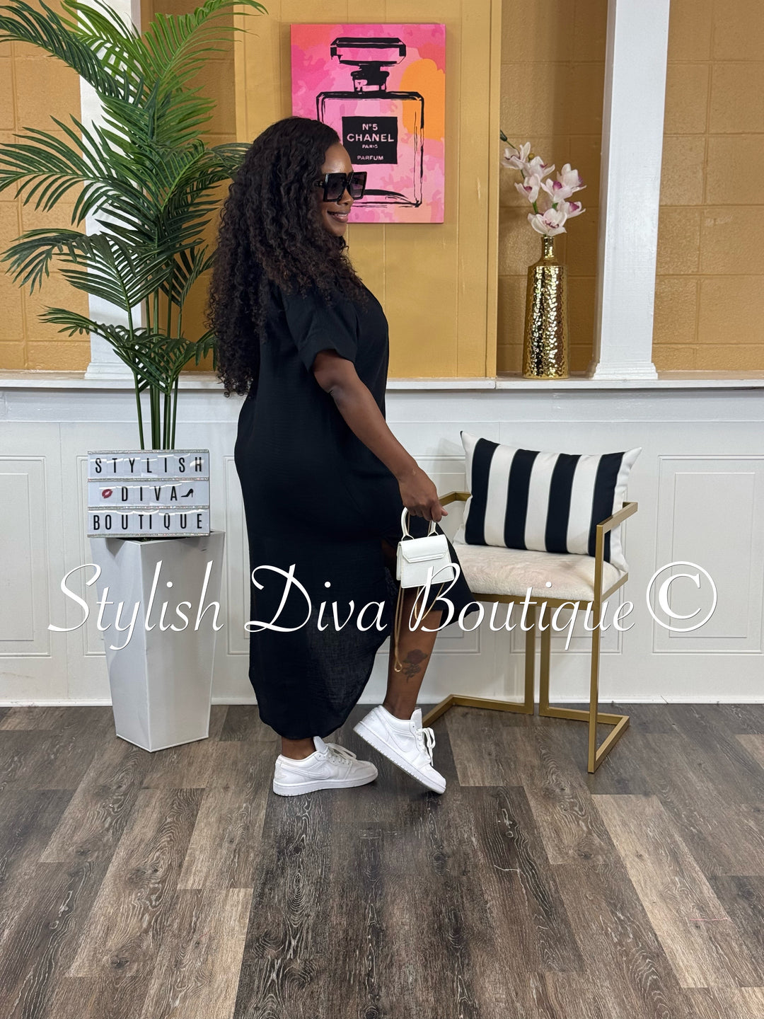 Kinder Buttoned Shirt Midi Dress (Black)