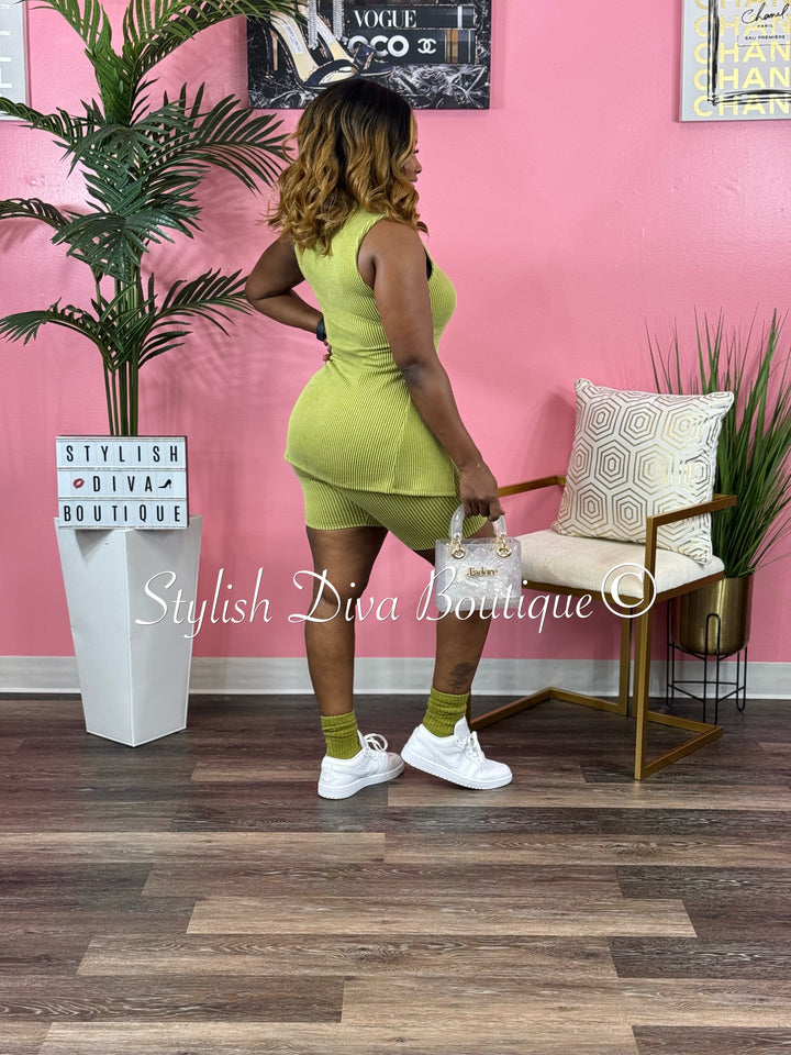 Mila Ribbed Short Set up to 3XL (Moss Green)