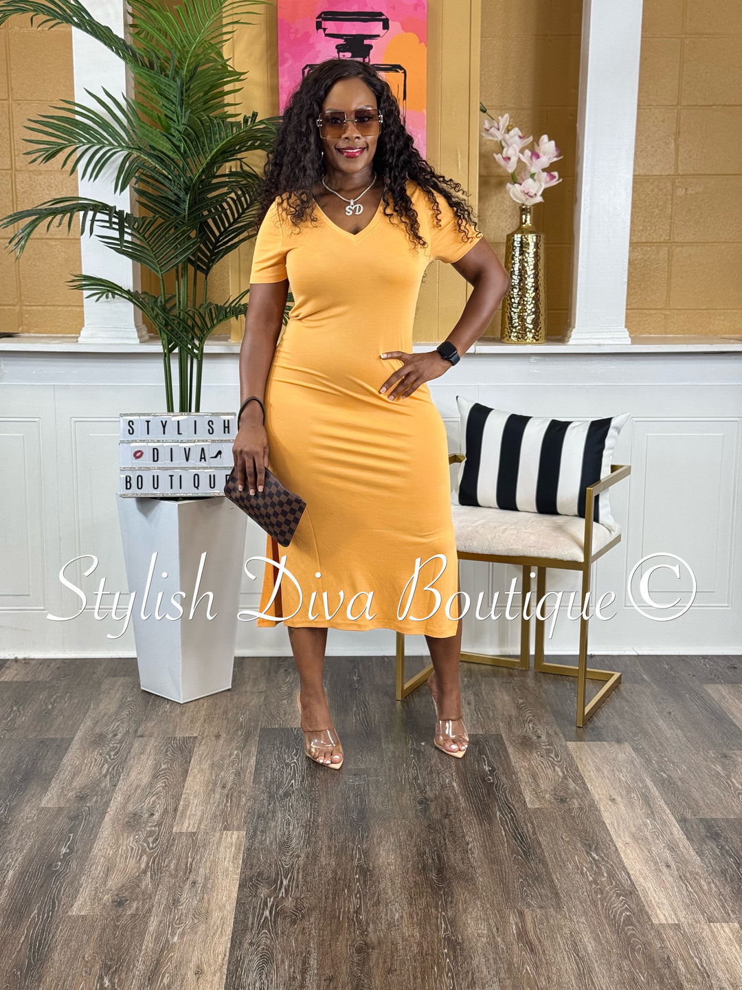 Ivy V-Neck Shirt Dress (Caramel)