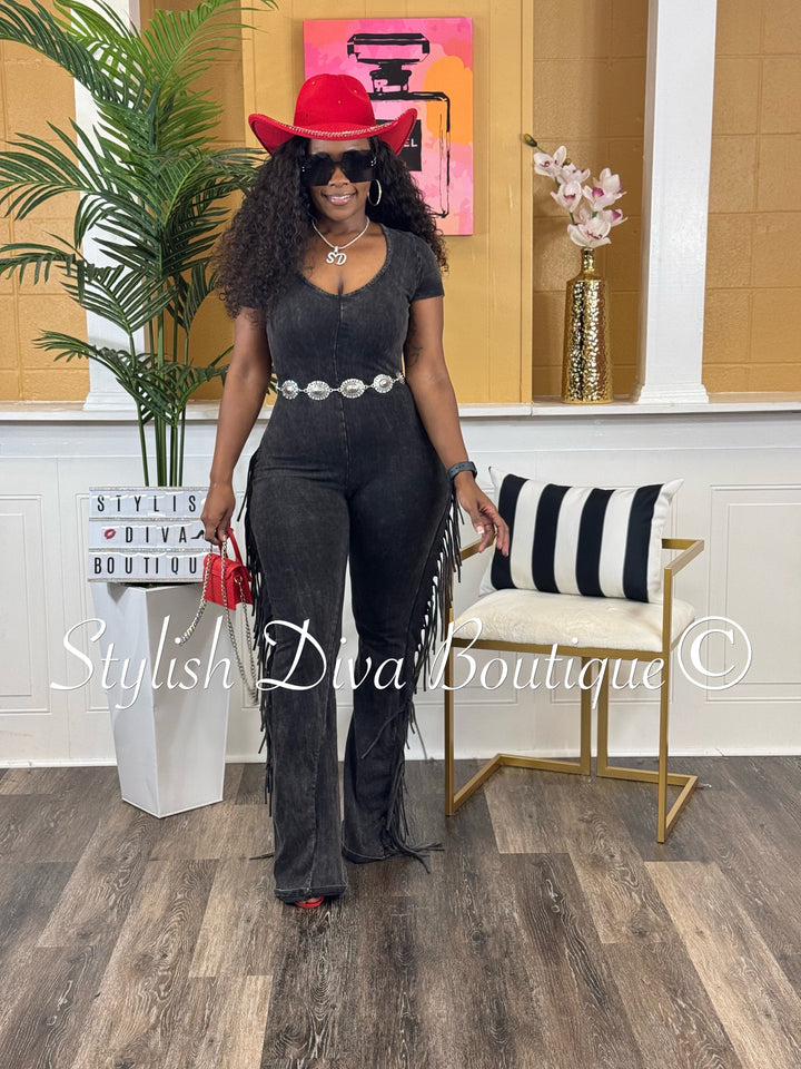 Country Girl Mineral Washed Fringed Jumpsuit (Black Wash)
