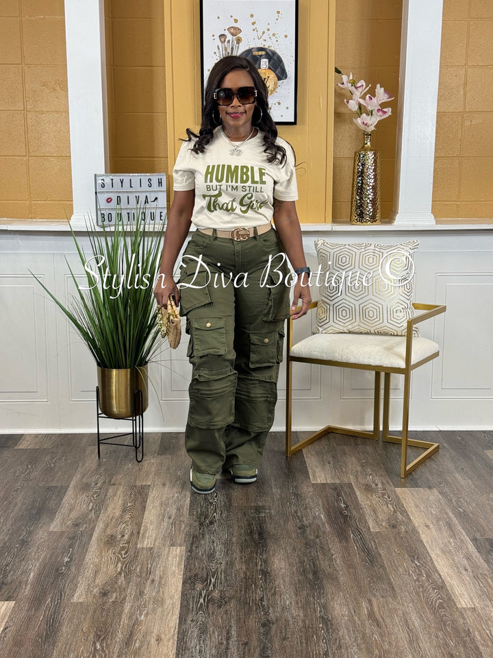 Humble But Still That Girl T-Shirt (Sand Shirt/Olive Print)