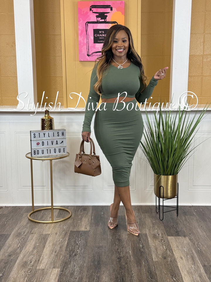 Lola L/S Midi Skirt Set (Olive)