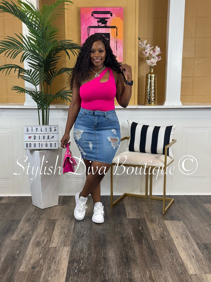 Nyla Distressed Denim Skirt (Medium Denim)