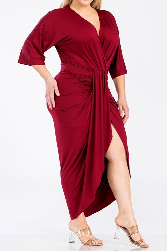 Chandler V Cut Ruched Midi Dress up to 3XL (Burgundy)