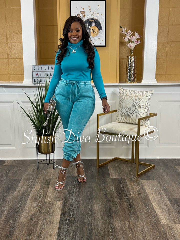 Kerri Acid Wash Mock Neck Jogger Set (Lt Teal)