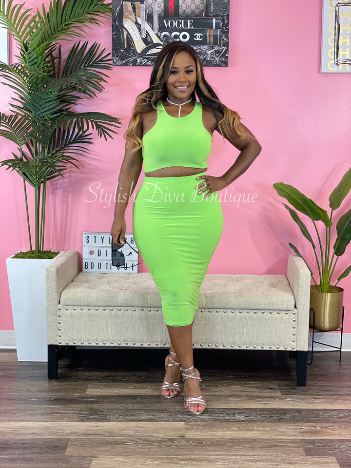 It Girl Midi Skirt Set (Lime Green)