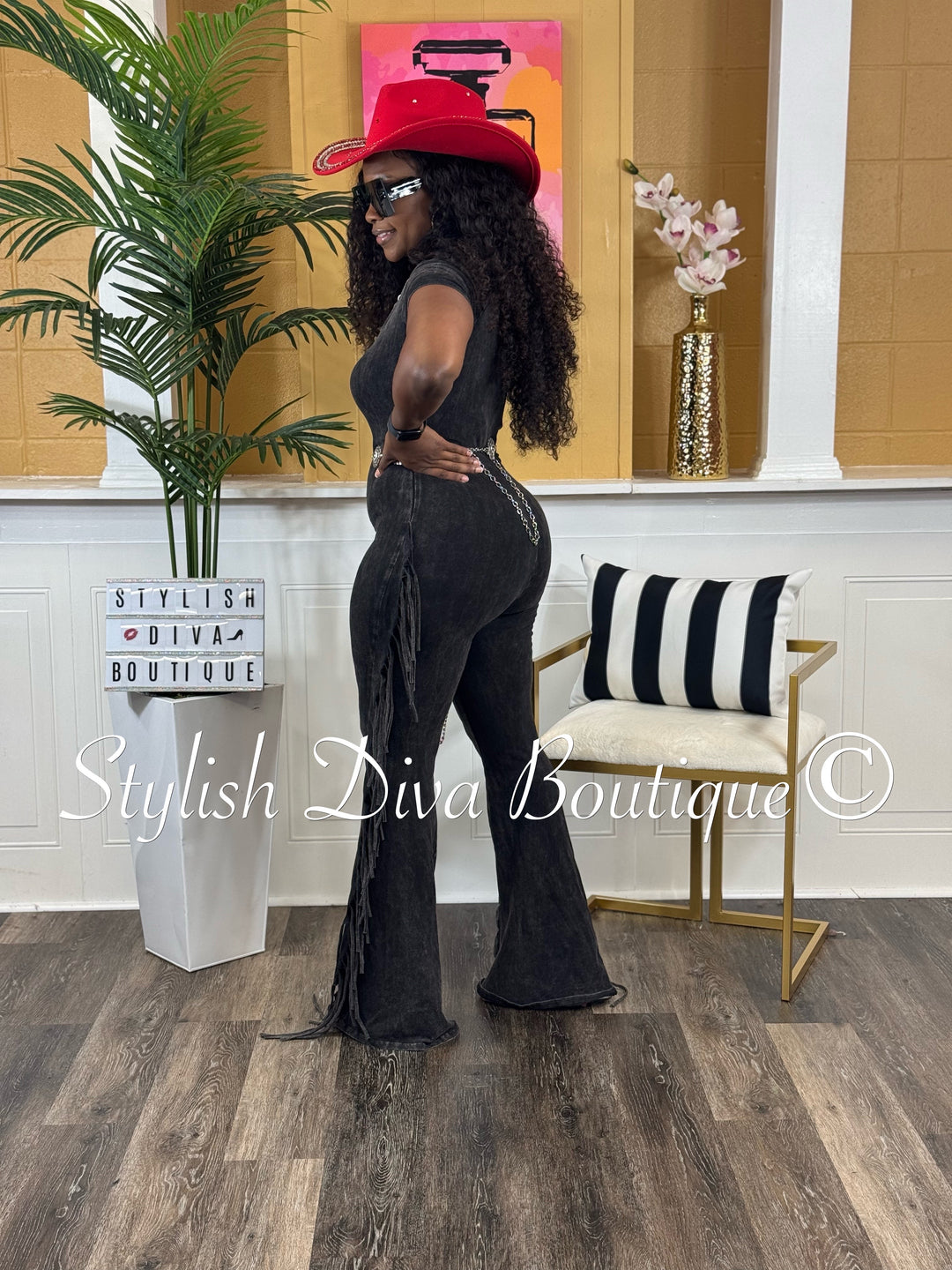 Country Girl Mineral Washed Fringed Jumpsuit (Black Wash)