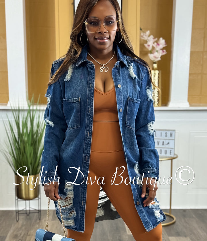 Harper Distressed Denim Shacket (Dark Denim)