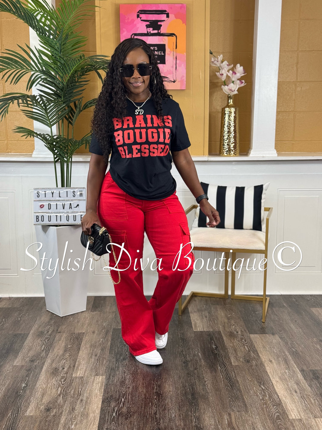 Brains Bougie Blessed T-Shirt (Black Shirt/Red Print)