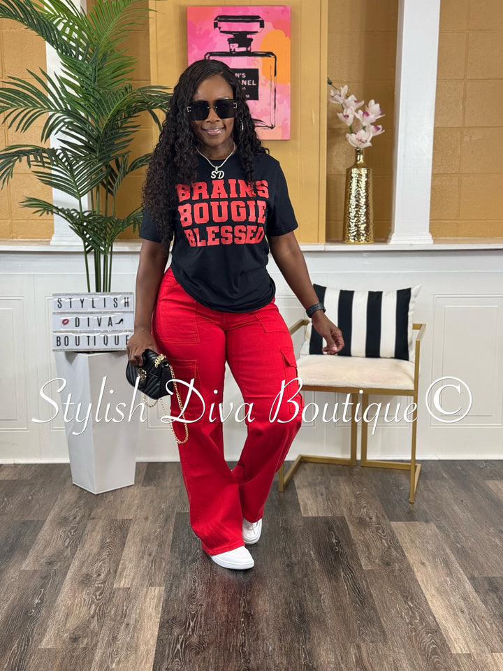 Brains Bougie Blessed T-Shirt (Black Shirt/Red Print)