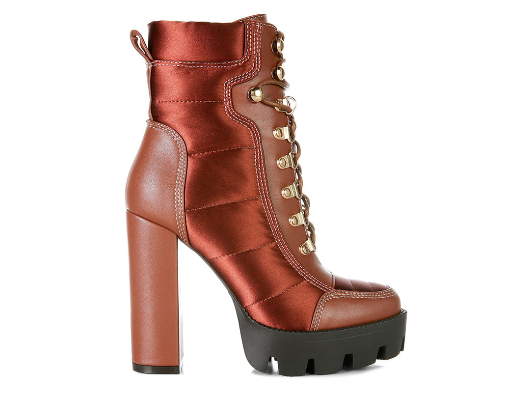 Scotch High Heel Quilted Satin Biker Boots (Tan Brown)