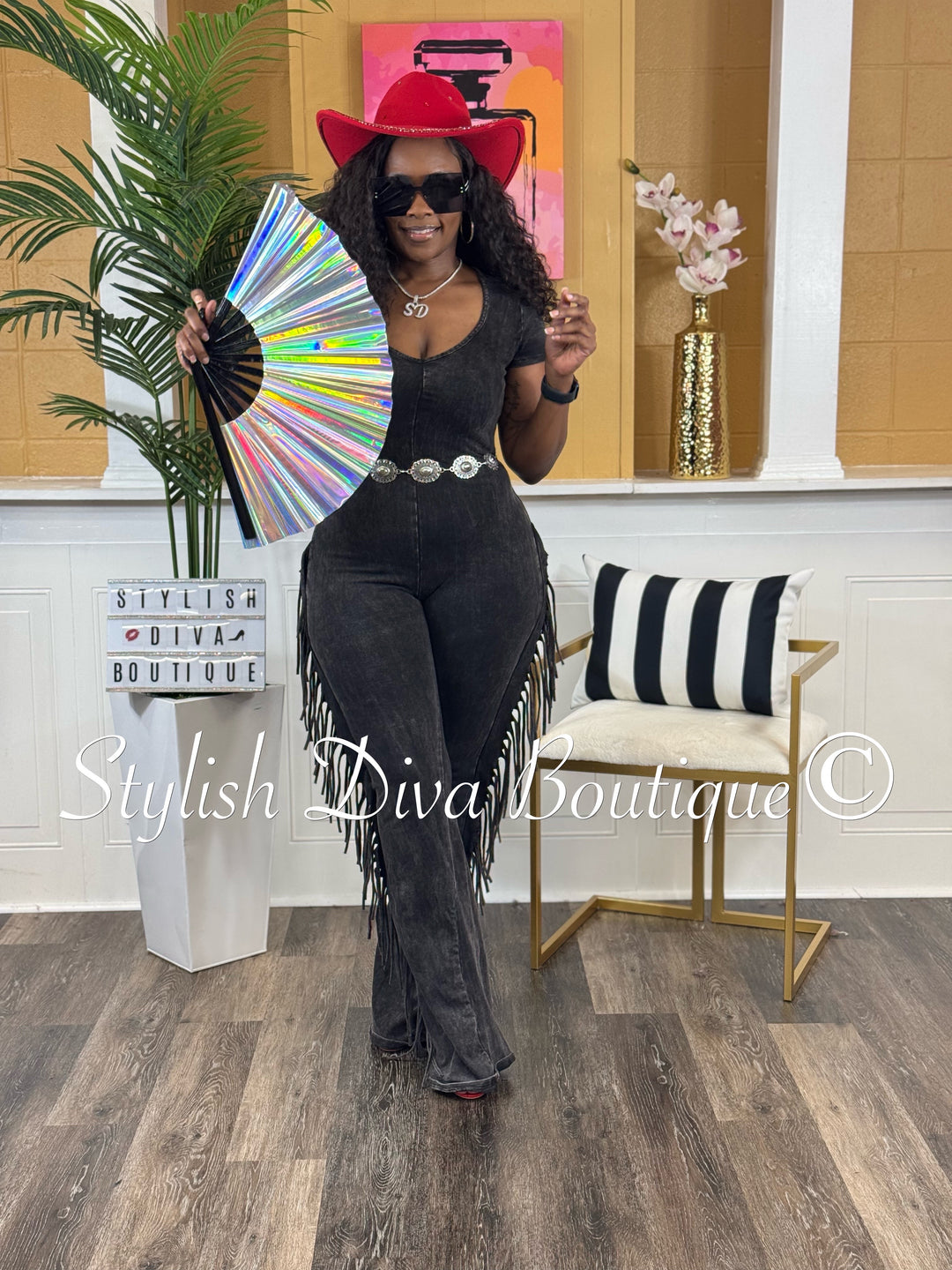 Country Girl Mineral Washed Fringed Jumpsuit (Black Wash)