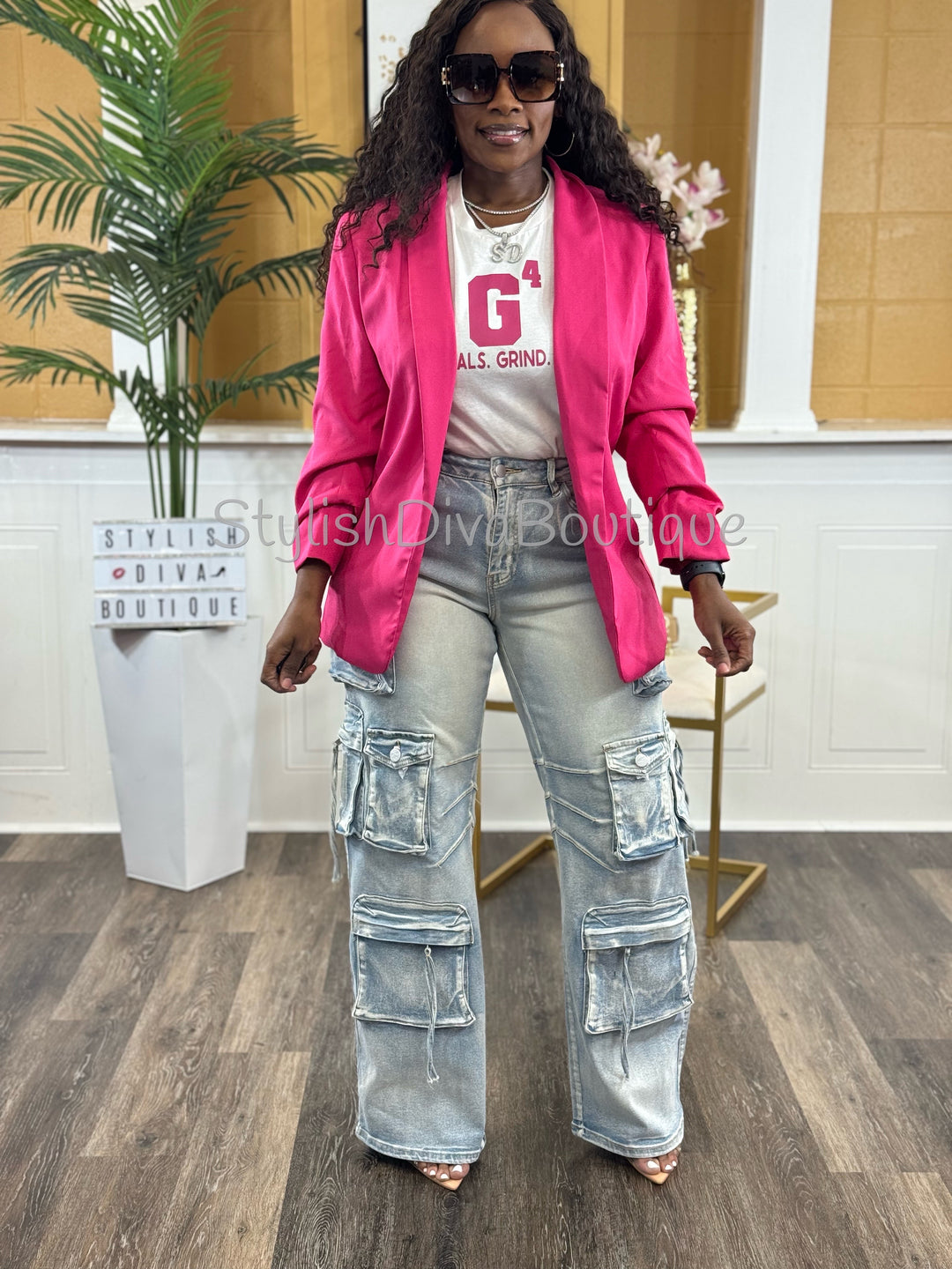 Back In Business Ruched Sleeve Blazer (Hot Pink)