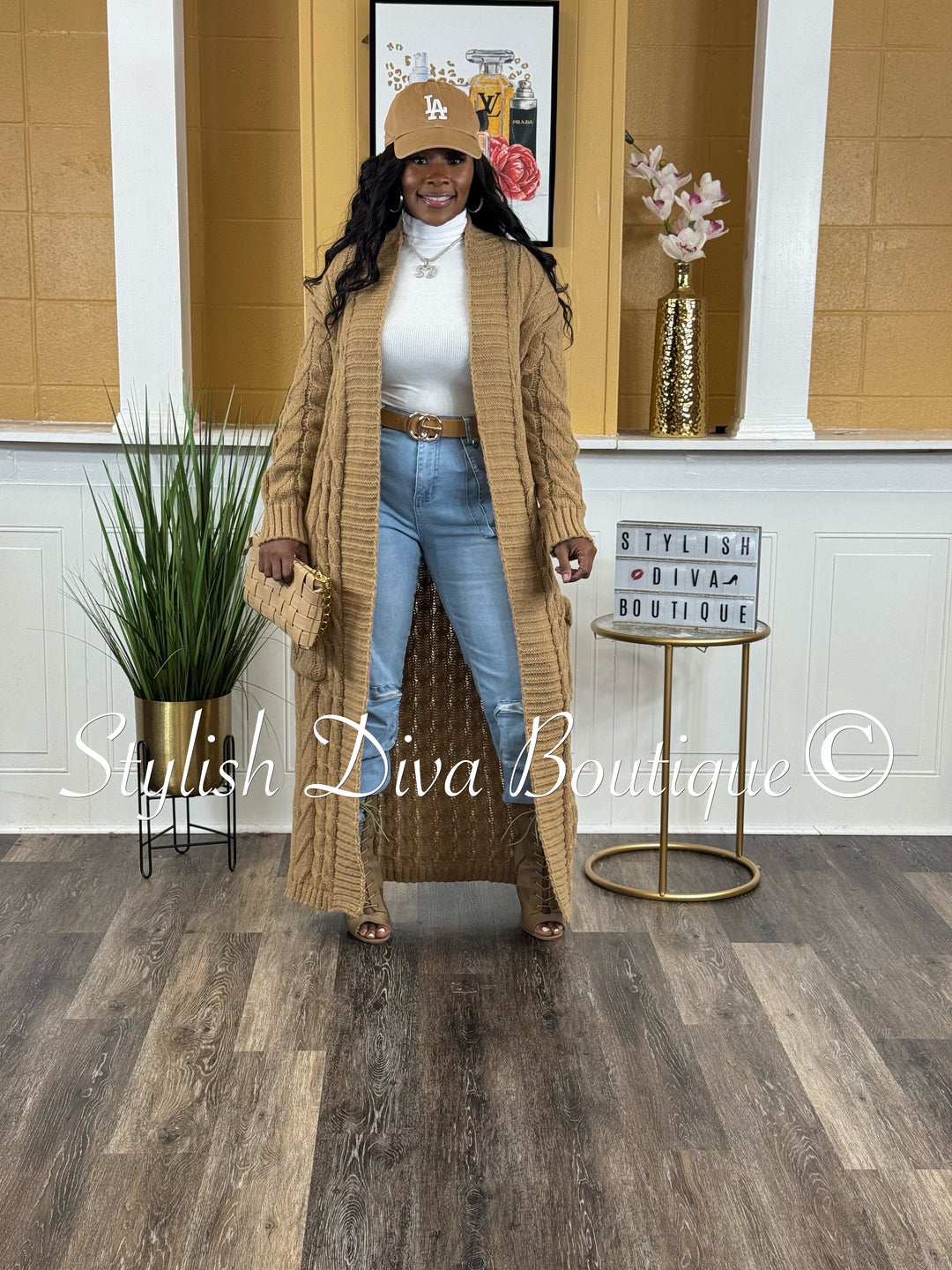 Kamala Long Cable Knit Cardigan (Khaki Brown)