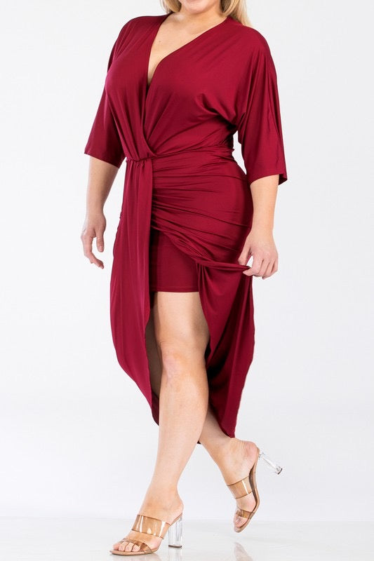 Chandler V Cut Ruched Midi Dress up to 3XL (Burgundy)