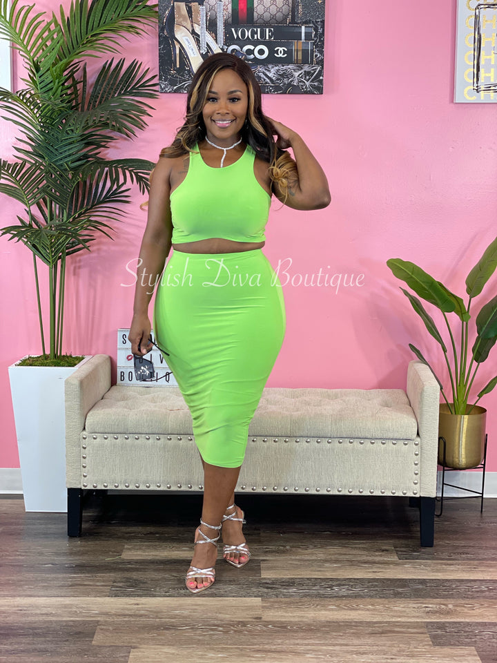 It Girl Midi Skirt Set (Lime Green)