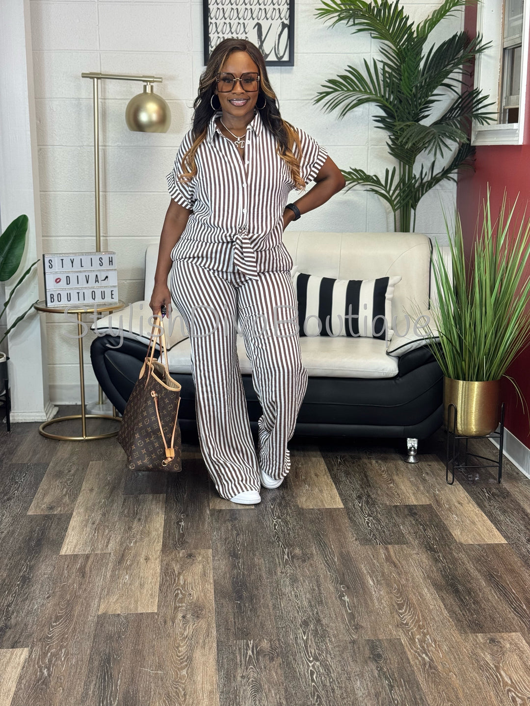 Coastal Diva Pants Set (Brown/White)