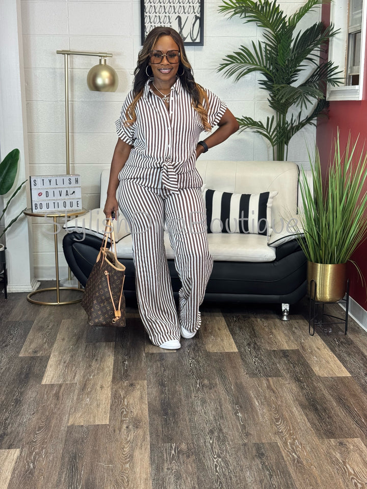 Coastal Diva Pants Set (Brown/White)