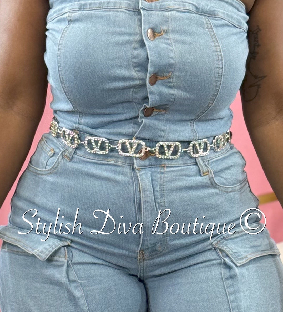 Small V-Box Rhinestone Chain Belt - Plus Size