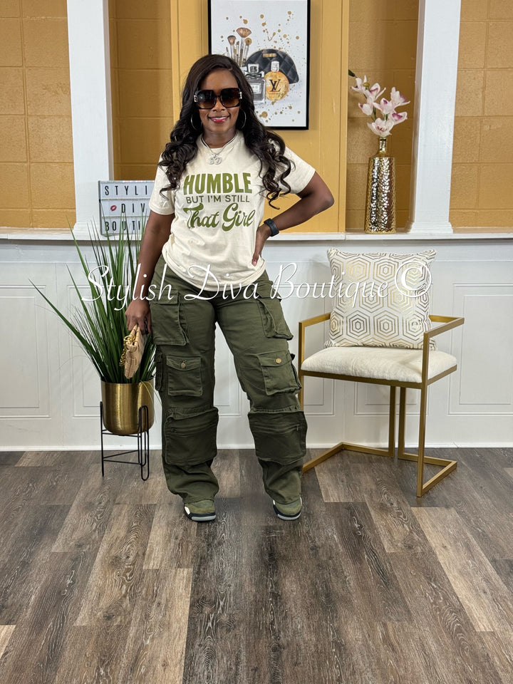 Humble But Still That Girl T-Shirt (Sand Shirt/Olive Print)