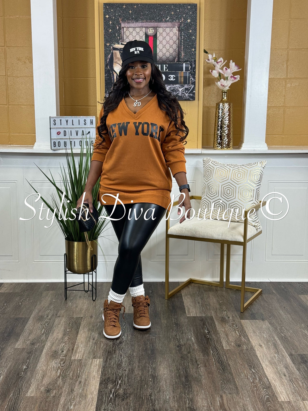 New York V Neck Sweatshirt Only (Terracotta Brown)