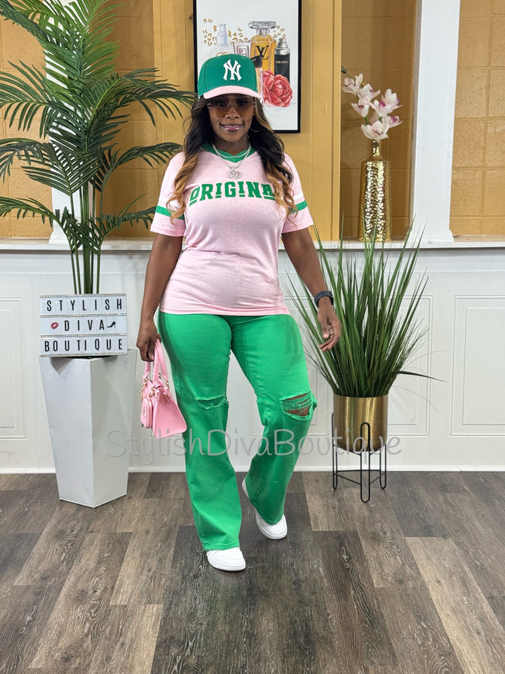 London Straight Leg Distressed Jeans (Green)