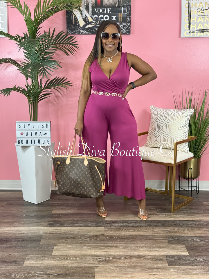 Cyndi Sleeveless Capri Jumpsuit (Berry)