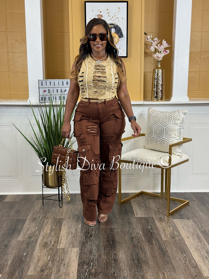 Diva Distressed Cargo Pants (Chocolate Brown)