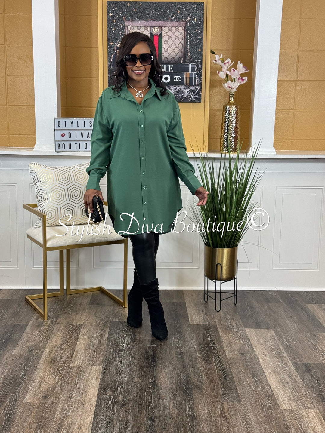 Casual Stroll V-Neck Oversized Shirt Dress (Dark Green)