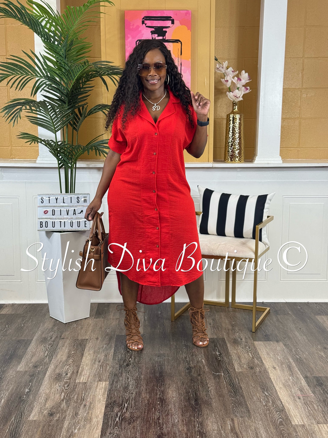 Kinder Buttoned Shirt Midi Dress (Red)