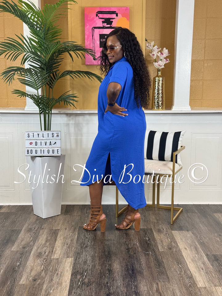 Kinder Buttoned Shirt Midi Dress (Royal Blue)