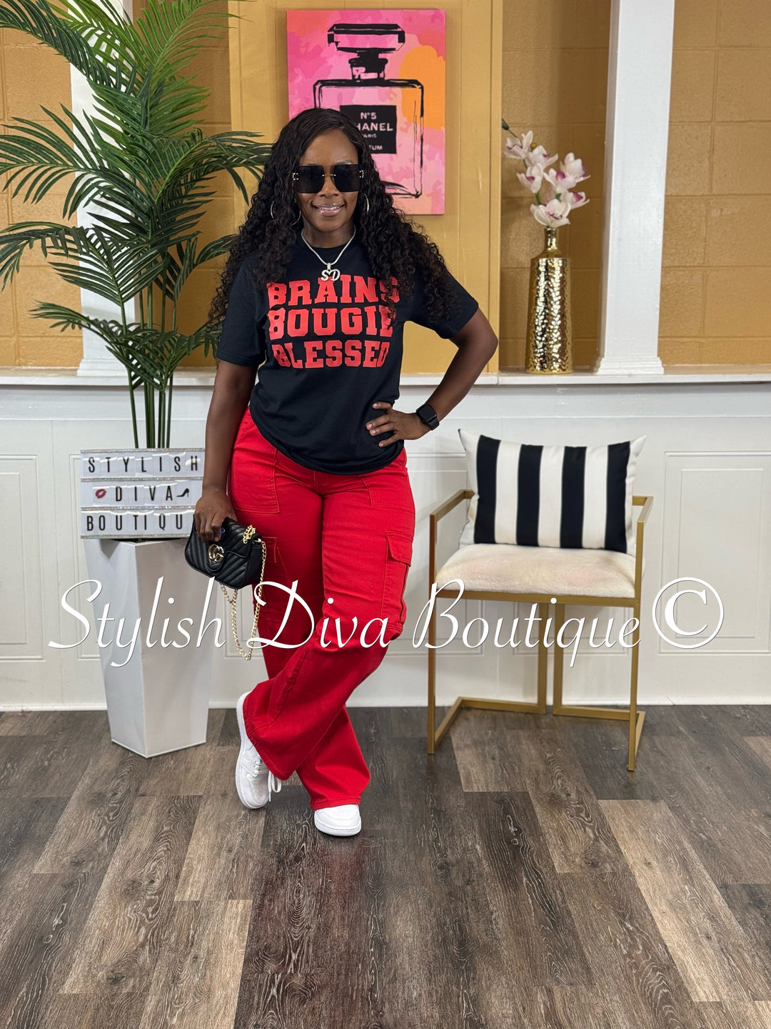 Brains Bougie Blessed T-Shirt (Black Shirt/Red Print)