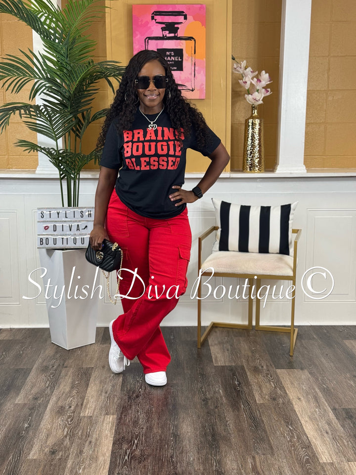 Brains Bougie Blessed T-Shirt (Black Shirt/Red Print)