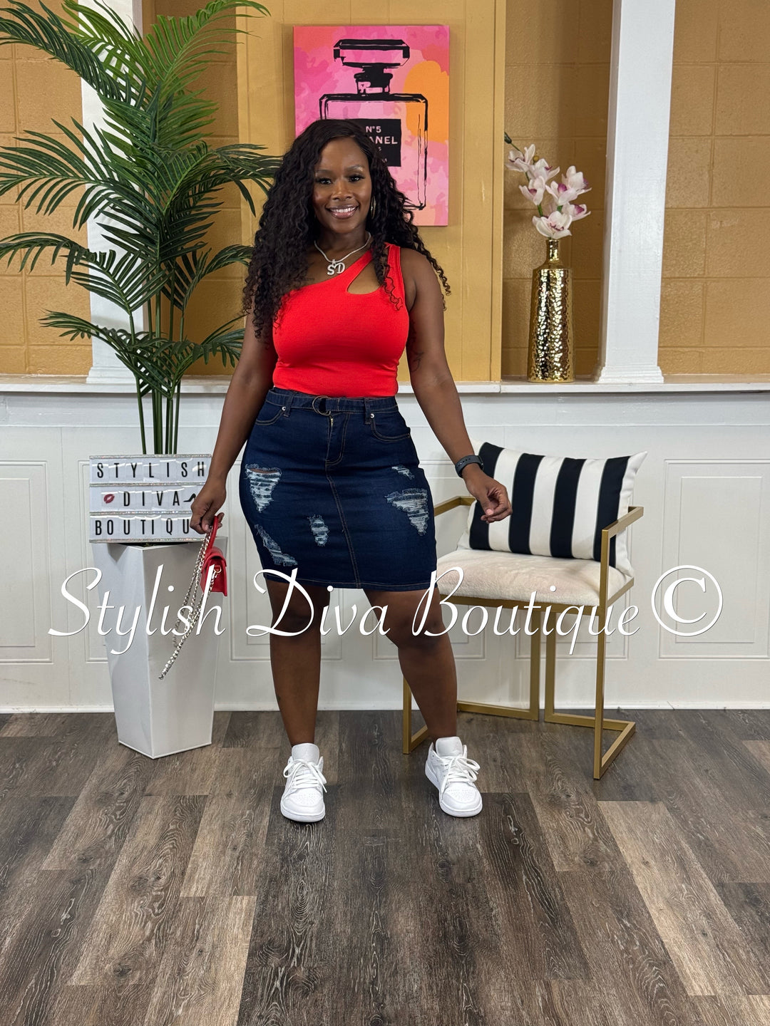 Nyla Distressed Denim Skirt (Dark Denim)