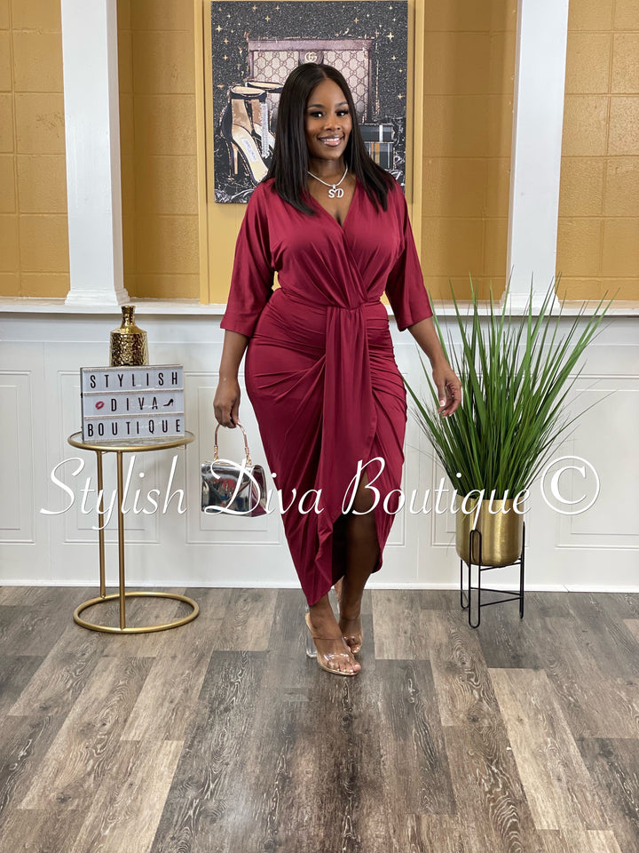 Chandler V Cut Ruched Midi Dress up to 3XL (Burgundy)