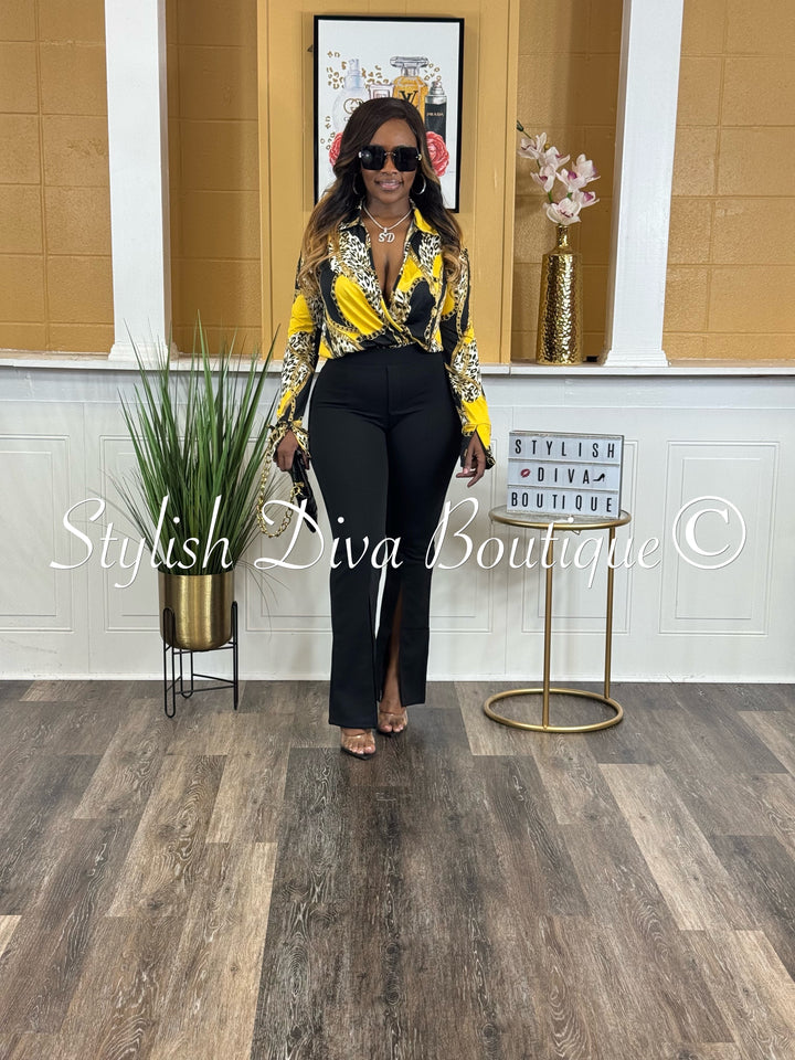 Split Front High Waist Flare Pants (Black)