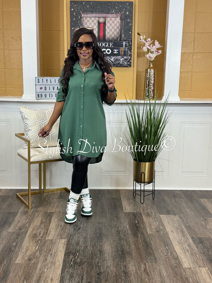 Casual Stroll V-Neck Oversized Shirt Dress (Dark Green)