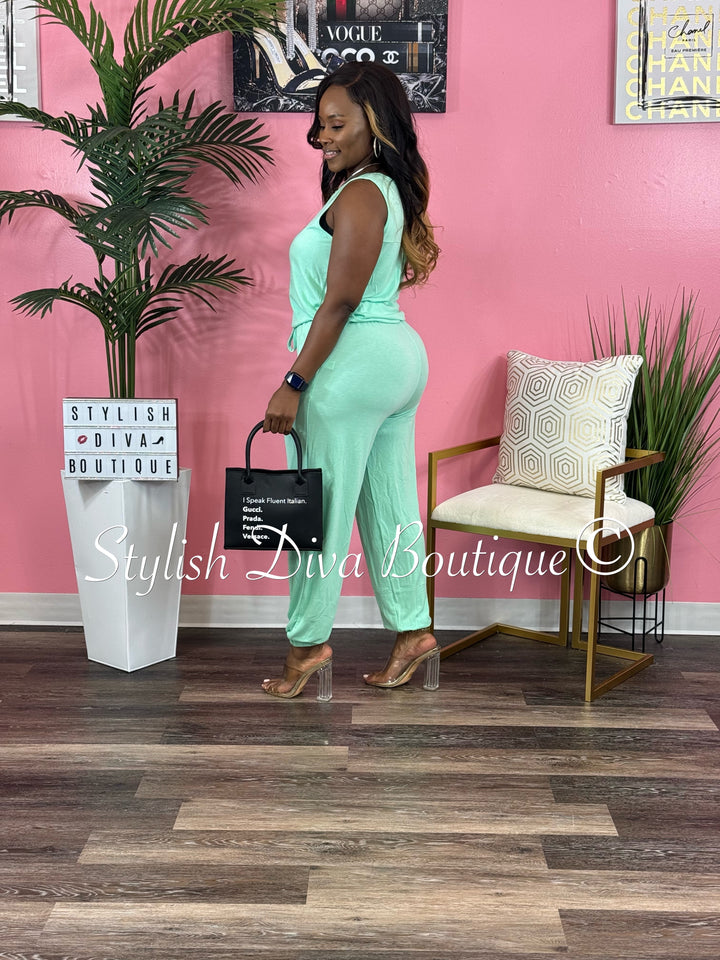 Weekend Sleeveless Jogger Jumpsuit up to 3XL (Green Mint)