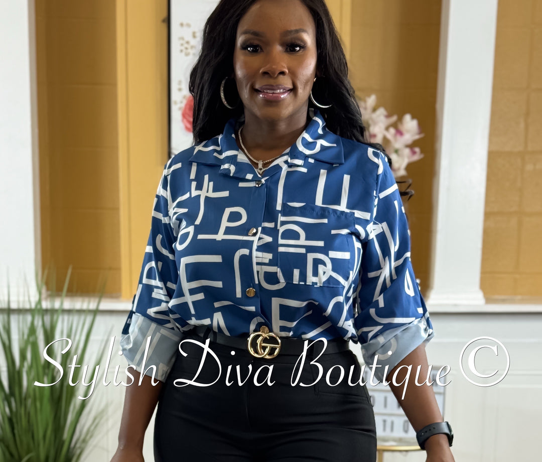 Zarbella Alphabet Print Shirt (Blue/White)
