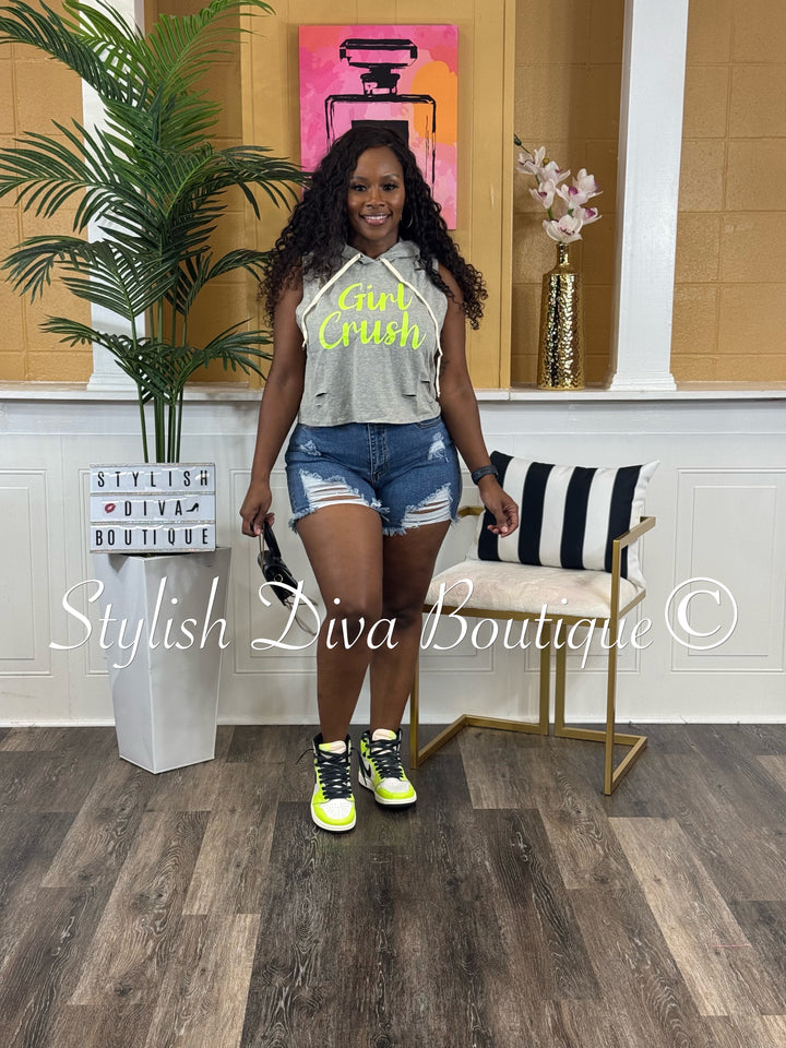 Girl Crush Cropped Hoodie Tee (Grey/Neon Yellow)