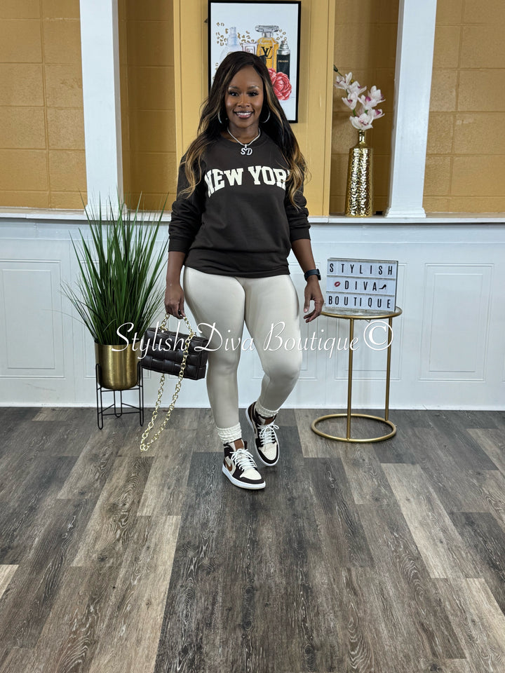 New York Sweatshirt Only up to 3XL (Chocolate/Cream Print)