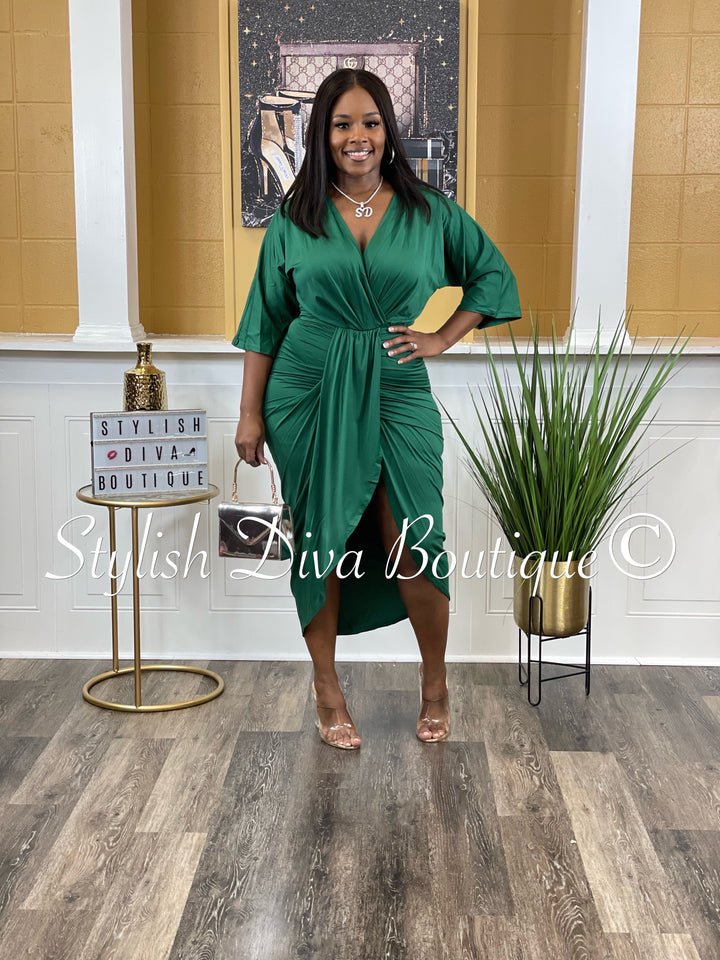 Chandler V Cut Ruched Midi Dress up to 3XL (Hunter Green)