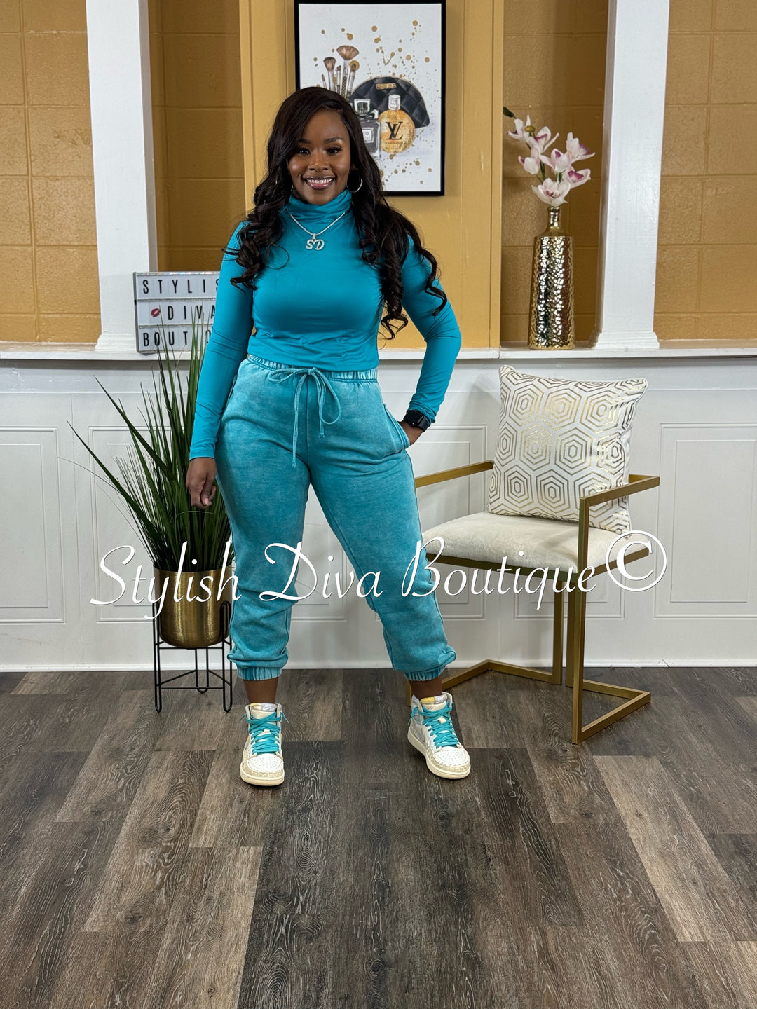 Kerri Acid Wash Mock Neck Jogger Set (Lt Teal)