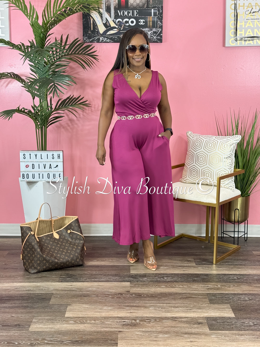 Cyndi Sleeveless Capri Jumpsuit (Berry)