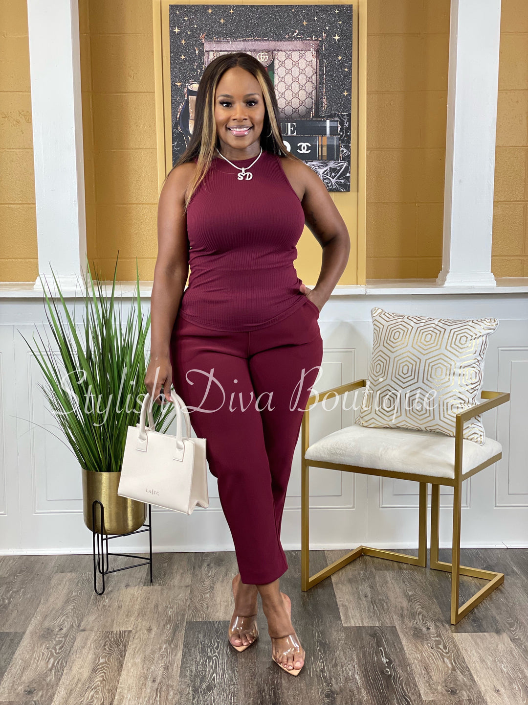 Camille Ribbed Sleeveless Tank Top (Dk Burgundy)