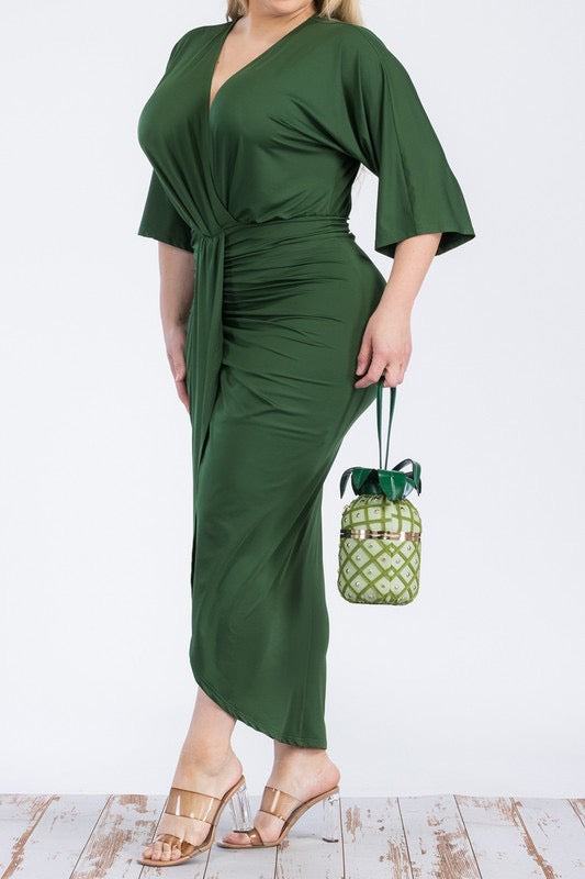 Chandler V Cut Ruched Midi Dress up to 3XL (Hunter Green)